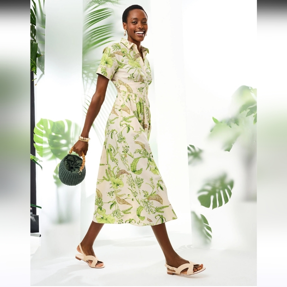 Talbots White Midi Dress with Green and Brown Leaf Print - Picture 4 of 8